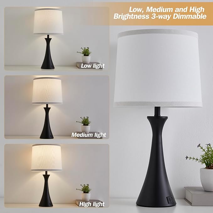 Hikczc Touch Lamp for Living Room Bedroom, 21" Table Lamps Set of 2 with USB C+A Ports and White Lamp Shades, Touch Bedside Lamps for Nightstand with 3 Way Dimmable, 2 LED Bulbs Included