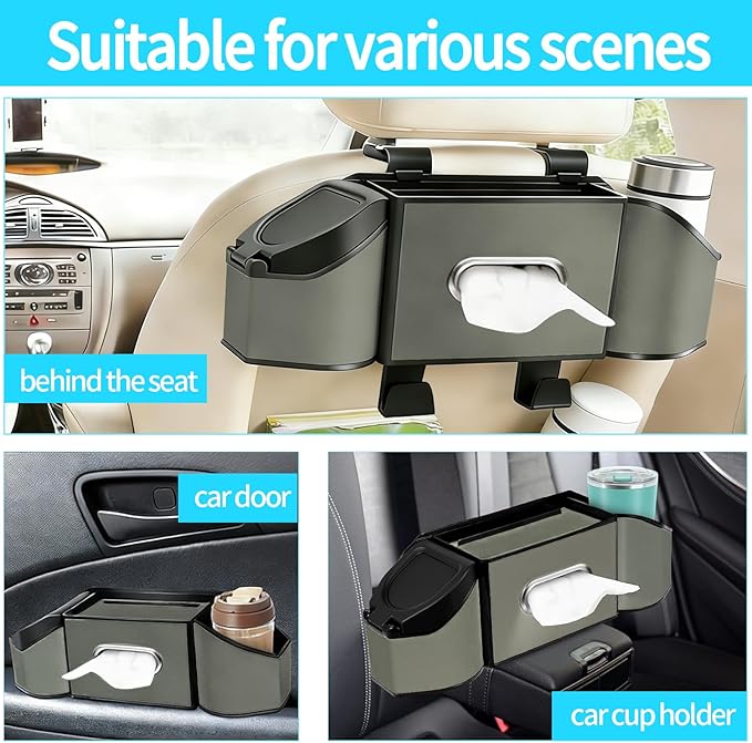 Oivjckx 7-In-1 Multifunctional Car Seat Back Organizer with Cup Holders, Tissue Box, Garbage Can & Hooks, Headrest Storage & Cup Holder for Backseat (Grey)