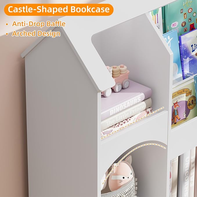 Halitaa Kids Bookshelf with Toy Storage, Castle-Shaped Bookshelf with 3 Movable Drawers and LED Lights, Toy Storage Organizer with 3-Tier Book Rack for Kids Room, Playroom, Nursery