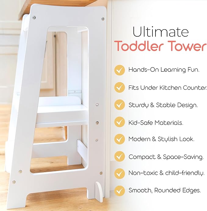 Stepup Baby Toddler Step Stool - Adjustable Height Kids Helper Step Stool, Durable, Non-Slip Platform for Bathroom Sink & Kitchen Counter, Toddler Tower for Exploration and Growth - White