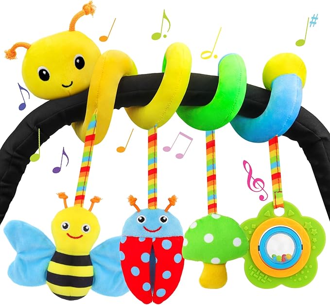 Car Seat Toys for Babies 0-6 Months, Spiral Car Seat & Stroller Activity Toy, Soft Plush Hanging Toys with Rattles, Best Gift for Ages 0 and Up