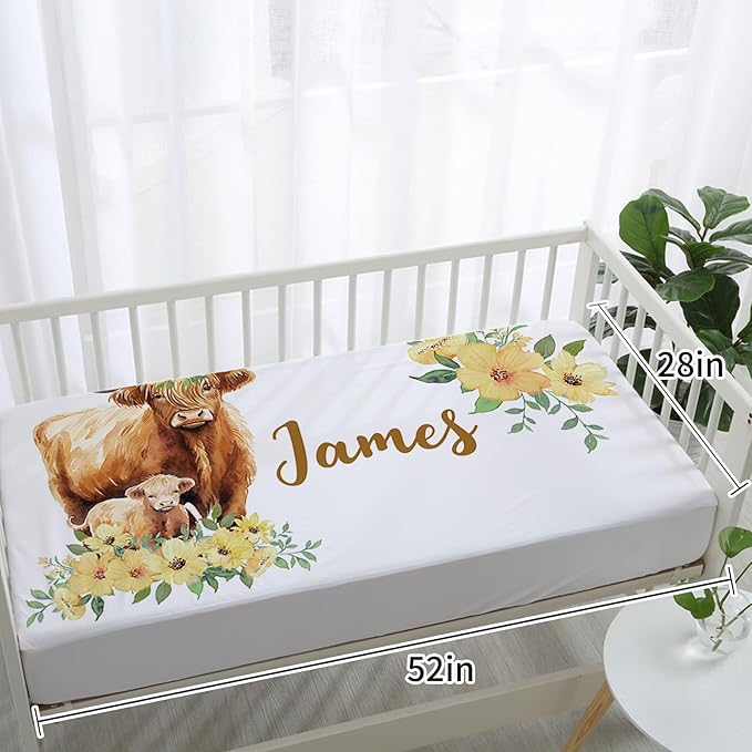 Personalized Baby Crib Bedding Set: 4 Piece Yellow Flower Custom Gift Crib Bed Set with Name - Highland Cow Theme, Nursery Bedding Set for Baby Girls,Newborn Girls Crib Sets, Crib Bedding Shower Gifts
