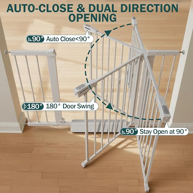 Mumeasy 36" Extra Tall Dog Gate, Auto Close Baby Gate for Stairs Doorways, 29.7-46" Wide Walk Thru Child Safety Gate for House, Easy Install Pressure Mounted Metal Pet Gate with Door, White