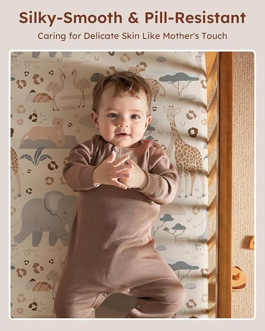 Pack and Play Sheets Fitted 3 Pack, Mini Crib Sheets for Pack N Play Mattress Stretchy Portable Playard Sheets, Soft Breathable Elephant