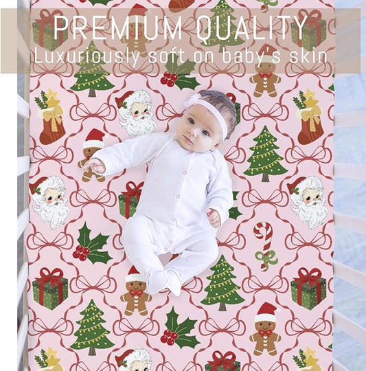 Pink Santa Christmas Bows Baby Crib Sheets for Boy Girl Retro Christmas Trees Stockings Fir Gifts Soft Snug Fitted Crib Mattress Covers for 52x28 Standard Crib & Toddler Mattress Winter Baby Sheets