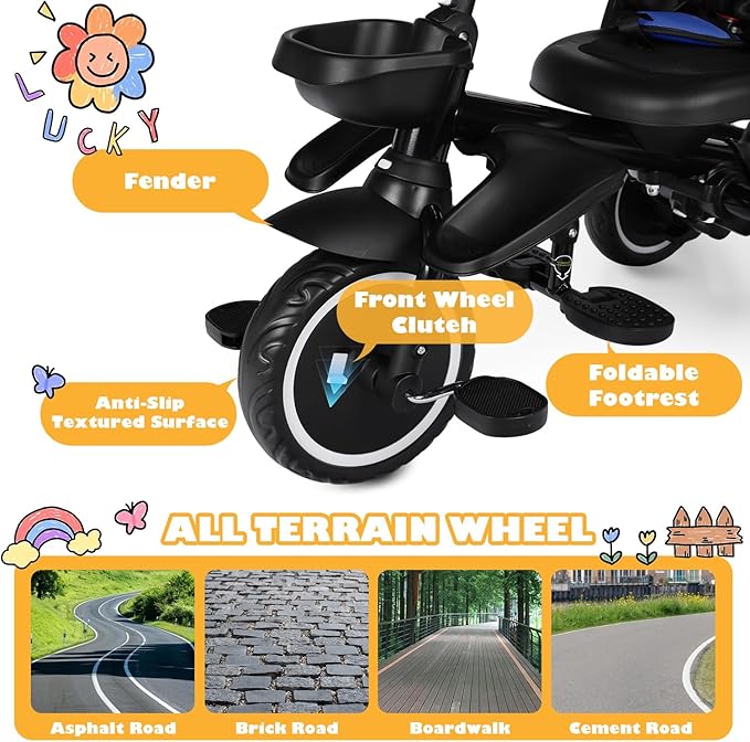 Folding Kids Tricycle, 8 in 1 Baby Trike W/Removable & Adjustable Canopy, Parent Handle, 5-Piont Safety Harness, Toddler Bike Stroller for Kids 1-6 Years, EVA Wheels, Storage Basket, Blue
