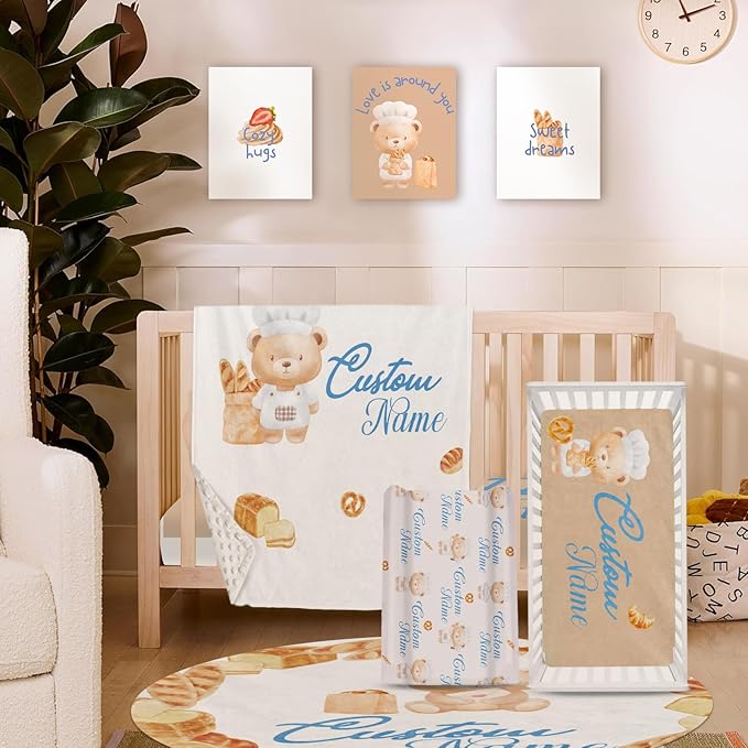 Personalized Crib Bedding Set, Custom Name Baby Bedding 5-Pcs Set - Soft Blanket Fitted Sheet Changing Pad Cover Nursery Rug and Wall Art, Cute Bread Bear Theme Nursery Decor for Newborn Boys Girls