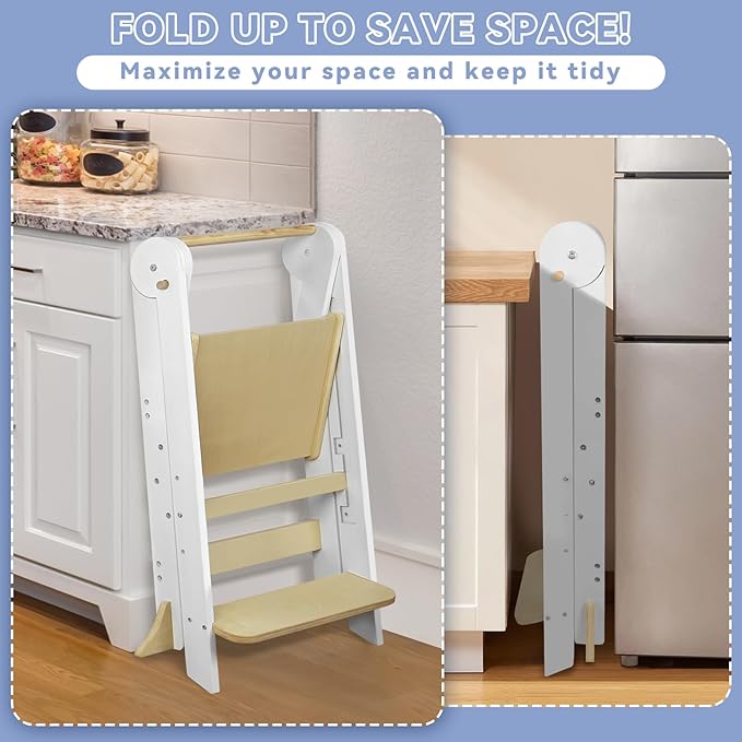 Foldable Toddler Step Stool for Kitchen - Adjustable Wooden Kitchen Helper with Safety Rail & Anti-Tip Feet, Montessori Counter Standing Tower for Kids 2-6 Years (White)