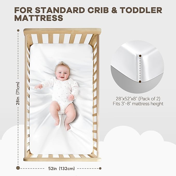 Pro Goleem 2 Pack Satin Soft Crib Sheet Great for Baby with Sensitive Hair Silky Baby Sheet White and Gray Unisex 52’’x28’’x8’’ Fitted Sheets
