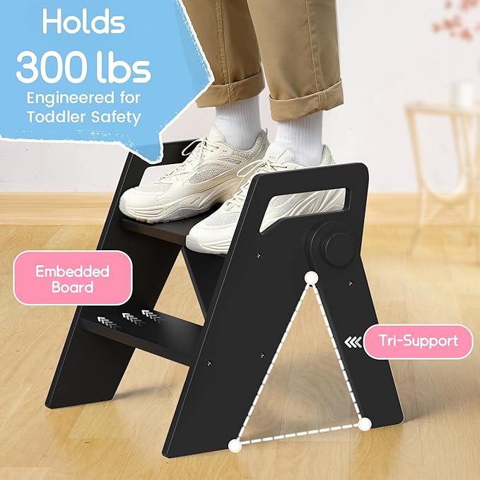 HOMEKOL Toddler Kids Step Stool: Wooden 2 Step Stool for Bathroom Sink, Foldable, Black