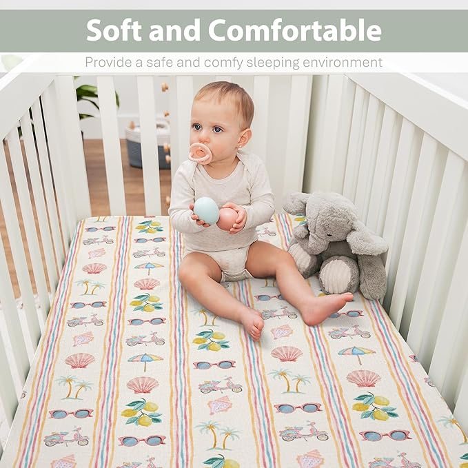 Boho Summer Beach Baby Crib Sheets for Girl 28"x52" Retro Lemon Palm Tree Sunglass Seashells Soft Snug Fitted Crib Mattress Cover Coastal Seaside Baby Sheet for Standard Crib & Toddler Bed Mattress