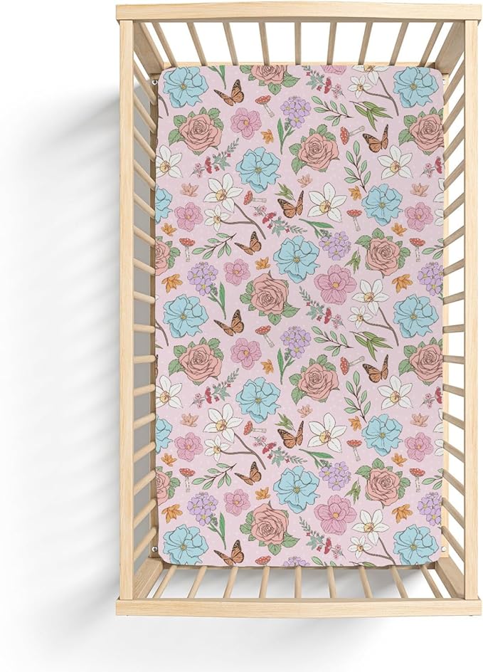 Vintage Wildflowers Baby Crib Sheets for Boy Girl 28"x52" Pink Floral Leaves Mushroom Butterflies Soft Snug Fitted Crib Mattress Cover Spring Garden Baby Sheet for Standard Crib and Toddler Mattress