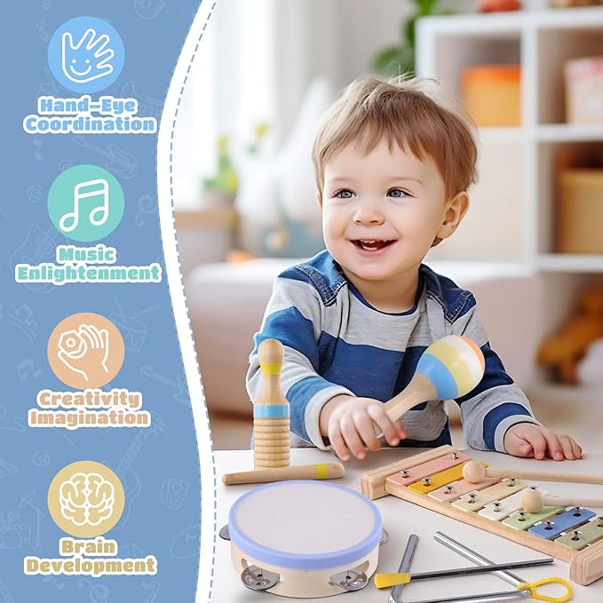 Montessori Wooden Musical Instruments for Toddlers 1-3, Baby Music Toy Set with Xylophone, Tambourine, Triangle, Clarinet, Maracas, Natural Sensory Educational Toys for Boys and Girls