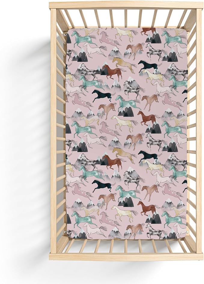 Boho Horses Mountains Baby Crib Sheets for Boy Girl 28"x52" Wild Horses Blossom Soft Snug Fitted Crib Mattress Covers Horse Lovers Nursery Baby Sheet for Standard Crib & Toddler Bed Mattress Pink
