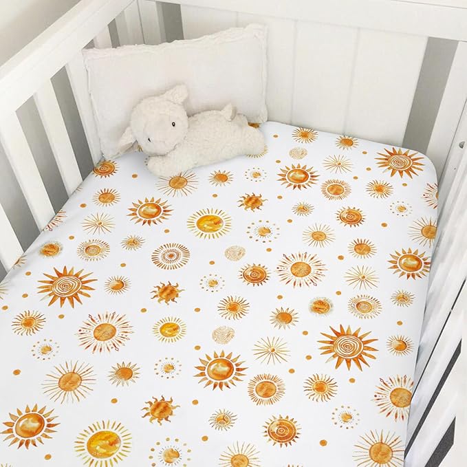 Watercolor Suns Totem Baby Crib Sheets 52''x28'' Boho Sunshine Stretchy Fitted Crib Mattress Covers for Boy Girl Golden Suns Soft Nursery Baby Bed Sheets for Standard Crib and Toddler Mattress