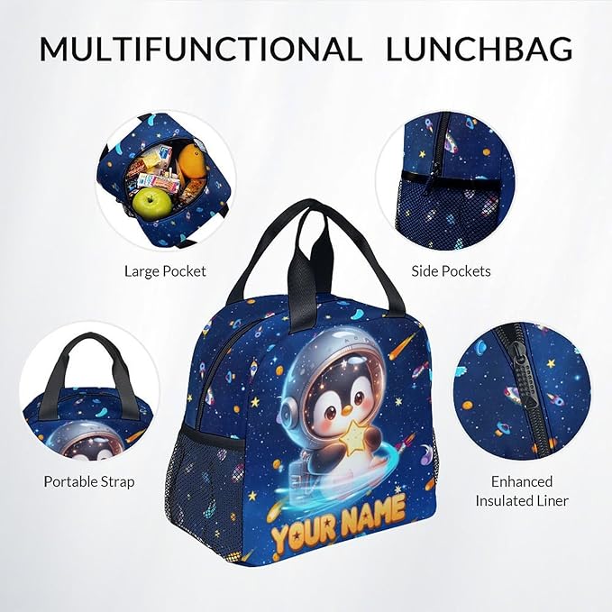 Custom Backpack - Penguin Backpacks with Lunch Bag for Girls Boys - Planet Bookbag for Kids Toddler - Personalized School Bag Set for Kindergarten/Preschool/Elementary(17 Inch)