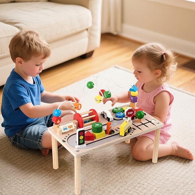 Activity Table for 1+ Year Old, Montessori Wooden Toys for Toddlers 1-3, 8 in 1 Baby Activity Table, Educational Sensory Bead Maze Toys for Babies, Learning Shape Sorter, Birthday Gifts Girls Boys