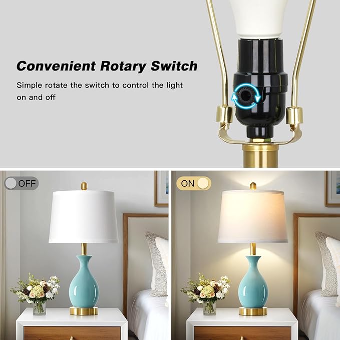 luxeflow 24" Bedroom Table Lamps Set of 2, Modern Classic Ceramic Lamps for Living Room, Small Bedside Table Lamp for Nightstand or End Table, Aqua Blue (2 LED Bulbs Included)