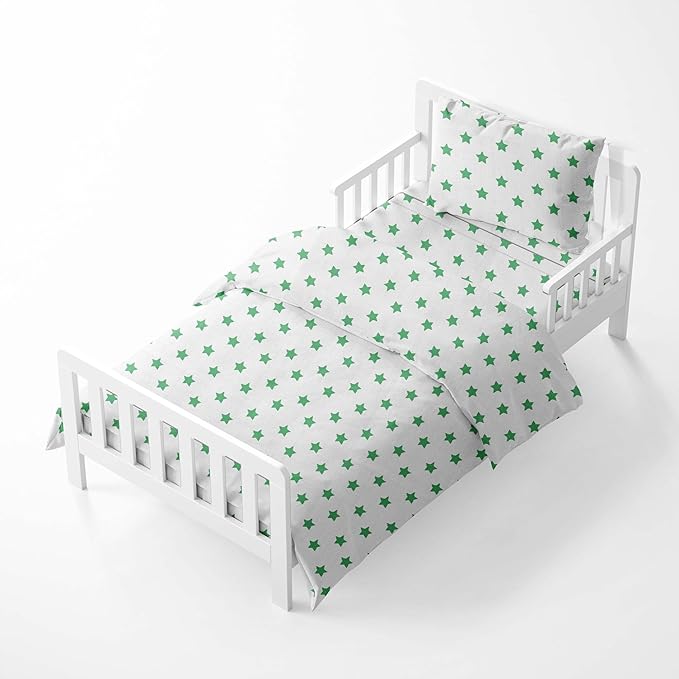 Bacati - Muslin Ikat Stars 4 Piece Neutral Toddler Bedding Set 100 Percent Cotton Includes Reversible Comforter, Fitted Sheet, Top Sheet, and Pillow Case (4 pc Toddler Bedding Set, Green Stars)