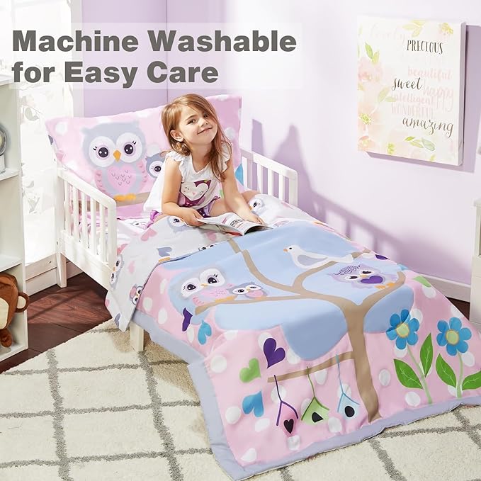 EVERYDAY KIDS 4 Piece Toddler Bedding Set - Owls - Soft 100% Cotton Percale - Includes Comforter, Flat Sheet, Fitted Sheet and Reversible Pillowcase