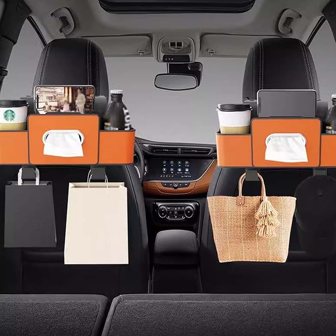 OJEYDFU 3-in-1 Car Backseat Organizer, 2026 Upgraded Multifunctional Car Seat Back Storage Box, Backseat Car Organizer with 2 Cup Holders, Tissue Box & Hooks, Universal Car Essentials (Beige)