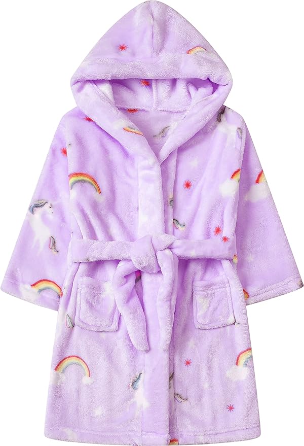 Umeyda Boys Girls Robes, Soft Fuzzy Fleece Hooded Bathrobes with Belt and Pockets for Kids, 1-18 Year