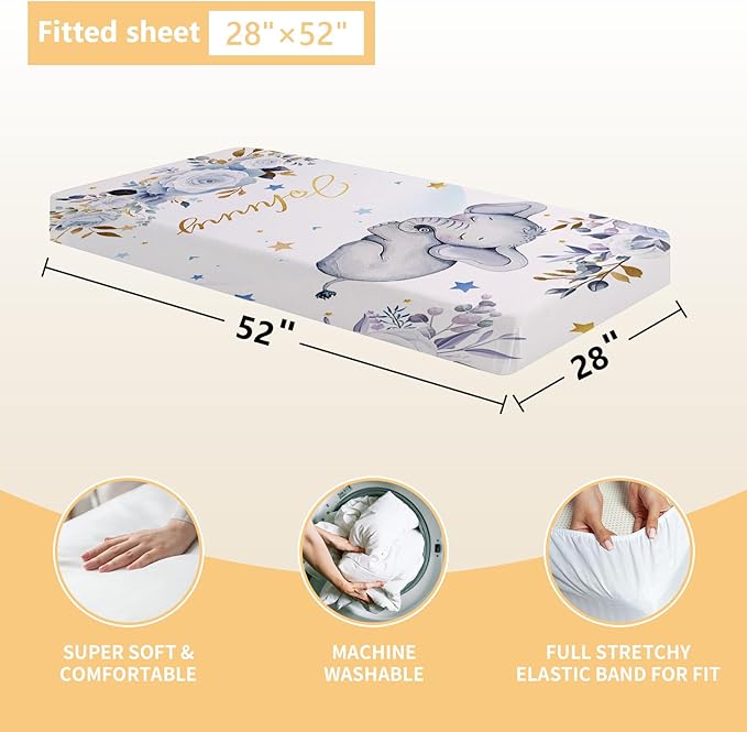 Custom Baby Bedding Set, 3 Pcs Personalized Name Crib Bedding Set for Nursery, Cute Baby Crib Set with Double Layer Blanket for Boys Girls, Customized Gifts for Toddlers Infants, Blue Elephant