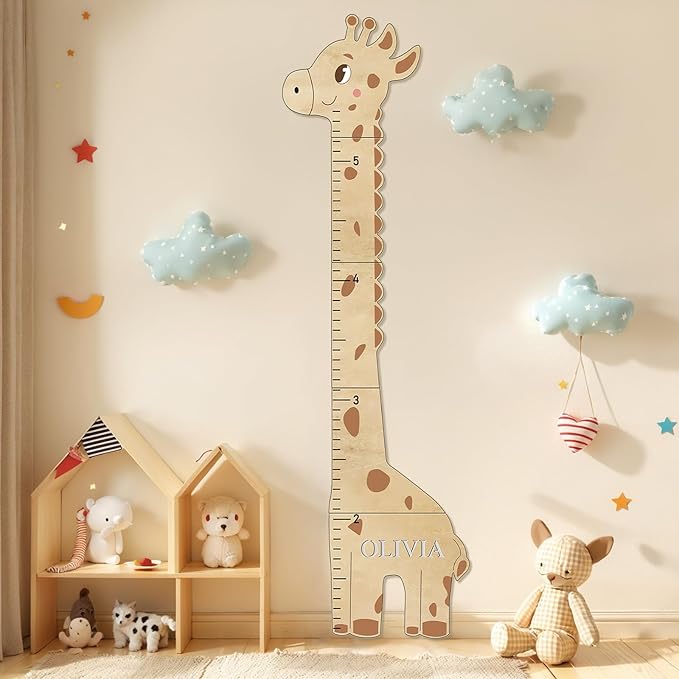 Woodemon Personalized Name Children's Height Measurement Chart for Wall – Giraffe Kids Growth Chart Ruler, Nursery & Playroom Wall Decor 62.8" x 20.1"