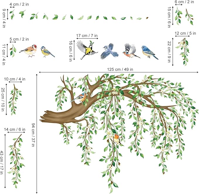 decalmile Large Hanging Vine Wall Stickers Tree Branch Green Leaf Flower Birds Wall Decals Living Room TV Background Bedroom Wall Decor