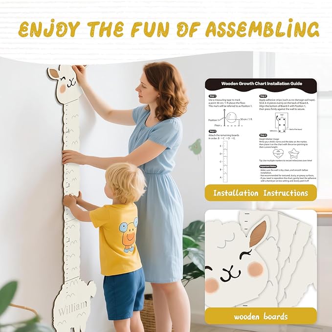 Woodemon Personalized Name Height Chart for Wall, Alpaca Wood Growth Chart, Height Measurement for Wall Girls Boys Teen Room Wall Decor 63" x 15.7"