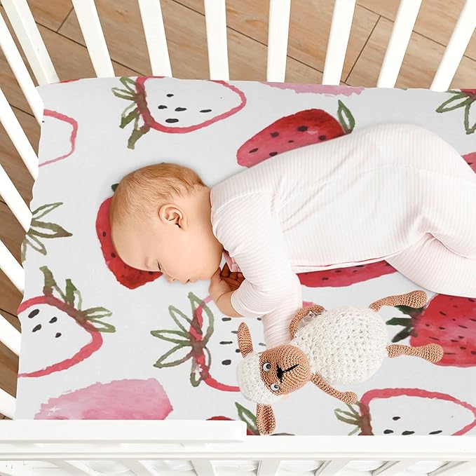 ATTX Fitted Crib Sheet Watercolor Strawberries Baby Sheets for Standard Crib Toddler Mattress Cover, Soft Microfiber Breathable Mattress Cover,28" x 52" x 9"
