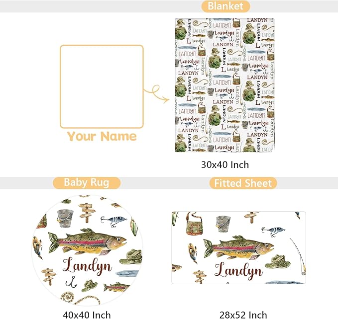 Personalized Baby Bedding Set - 3 Pcs Custom Name Crib Bedding Set for Nursery - Soft Baby Crib Set with Double Layer Blanket for Boy Girl - Customized Gifts for Infant Toddler - Green Fishing