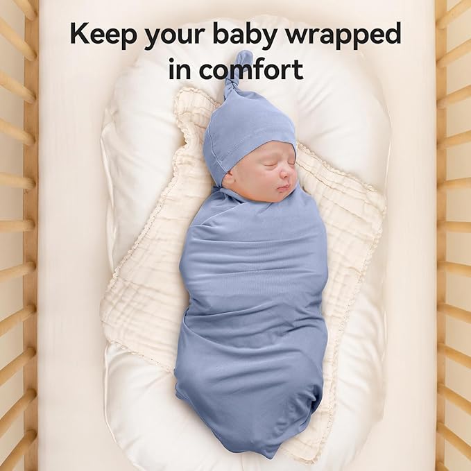 Rayon Made from Bamboo Newborn Swaddle Blanket Set with Matching Beanie, Super Soft Stretchy Baby Clothes Outfit for Girl Boy, Receiving Blankets Newborn Essentials, 35 x 35 Inch