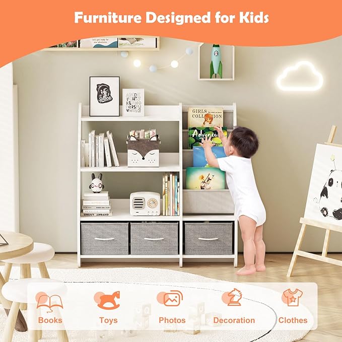 HedoAjim White Kids Bookshelf Wood Toy Storage Organizer Cabinet Children Bookcase Toddler Baby Sling Book Rack 3 Cube Bins Sail Boat Arc Shape for Playroom Bedroom Nursery Classroom