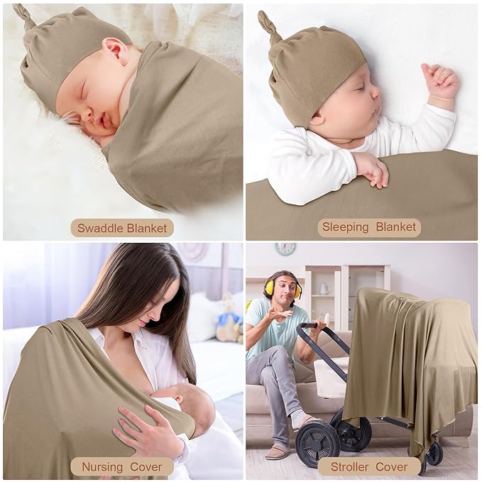JaGely 2 Pcs Stretchy Baby Swaddle Blankets Set Extra Soft 47" x 47" Baby Newborn Swaddle Blanket and Hat(Apricot, Khaki)