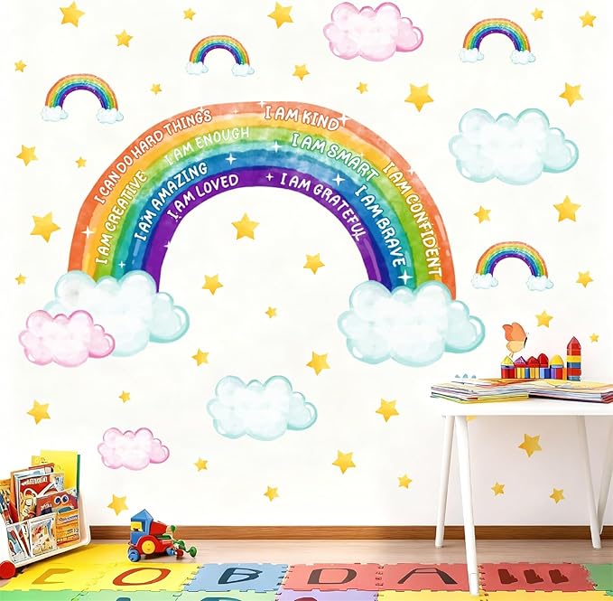 Colorful Rainbow Wall Stickers Inspirational Wall Decal for Kids Boys Girls Bedroom Watercolor Rainbow Walls Decal Peel and Stick Positive Cloud Vinyl Art Murals for Toddler Baby Room Playroom Nursery