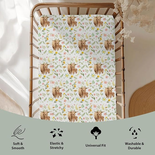 Highland Cows Boho Floral Baby Crib Sheets for Boy Girl 52x28Inch Yak Cattle Retro Flowers Leaves Soft Snug Fitted Crib Mattress Cover Farm Animal Baby Sheet for Standard Crib & Toddler Bed Mattress