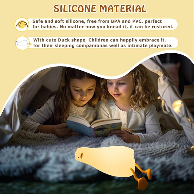 LiuXxdym Lying Flat Duck Night Light, Cute Silicone Light Up Duck, 3 Level Dimmable Nursery Nightlight, LED Duck Lamp, Rechargeable Bedside Touch Lamp for Breastfeeding Toddler Baby Kids Decor