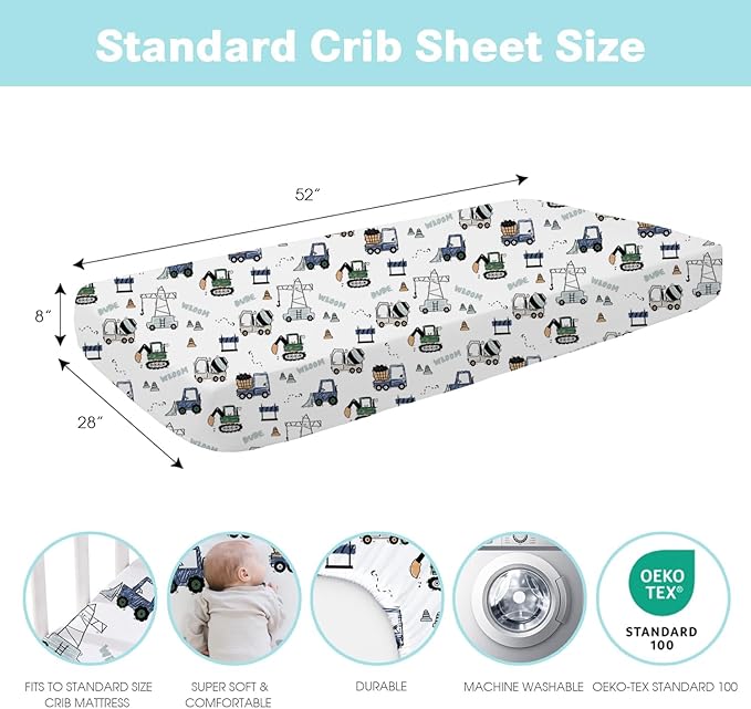 Little Grape Land Crib Sheets Baby Toddler Sheets 4 Pack Fitted for Boys Girls, Standard Size 28x52‘’ Crib Mattress, Super Soft Breathable Washable Microfiber, Whale & Trucks & Little Bear & Navy Blue