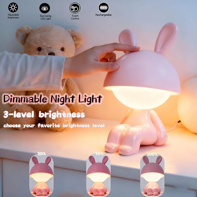ShonlPin Night Light for Kids,Rechargeable Table Lamp,Touch Lamps for Nightstand,Dimmable,Breastfeeding,Nursery,Sleep Aid,Cute Bunny Decor Gifts Stuff for Baby Toddler Boys Girls Christmas Birthday