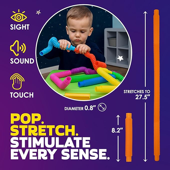 Nutty Toys Pop Tubes - Large 4-Pack Sensory Toys - Creative STEM Learning for Kids and Toddlers - Connect & Pop! Top ADHD Autism Fidget 2025, Best Boy & Girl Christmas Stocking Stuffers Gifts Idea