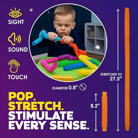 Nutty Toys Pop Tubes - Large 4-Pack Sensory Toys - Creative STEM Learning for Kids and Toddlers - Connect & Pop! Top ADHD Autism Fidget 2025, Best Boy & Girl Christmas Stocking Stuffers Gifts Idea