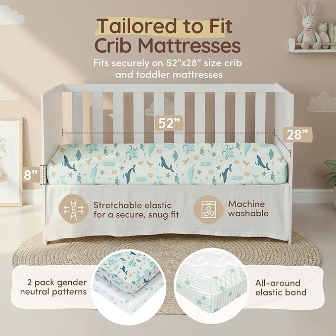Ocean Crib Sheets for Boys & Girls Toddler Bed Sheets Cotton Fitted Crib Sheet Nautical Sets 28"x52", 8" Deep Pocket, Baby Mattress Sheet 2Pack 100% Cotton, Designed in France, Ocean Stars, Teal White