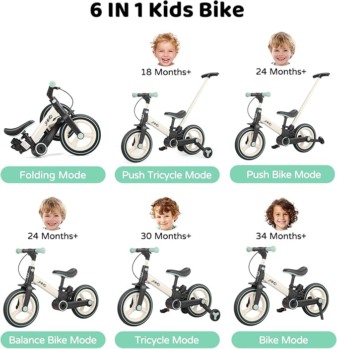 JMMD 6 in 1 Toddler Bike with Push Handle for Kids 18-60 Months, 12" Foldable Balance Bike with Training Wheels, Pedals, Brakes, Kickstand, Push Tricycle Toddler Gift & Toys for Boy & Girl