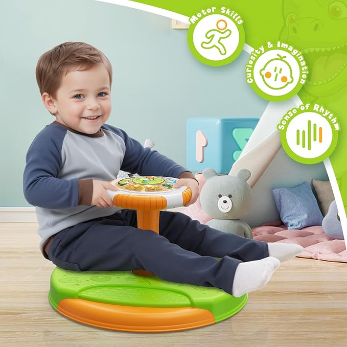 Dinosaur Sit and Spin Toys for Toddlers 1-3 Boys, 360° Toddler Spinning Seat with LED Lights and Music, Sensory Toys Birthday for Kids 3-5