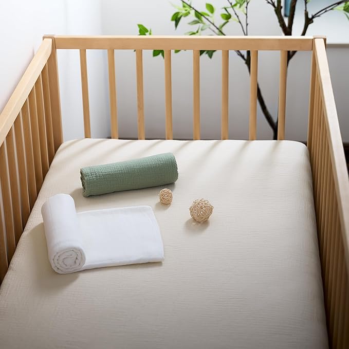 Meracorallo Muslin Crib Sheet, 100% Cotton Fitted Crib Sheet 28x52 Soft and Breathable Baby Boys Girls Cover for Standard Crib and Toddler Mattresses, Cream