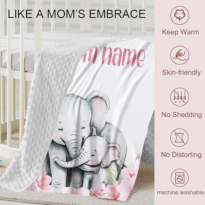 Personalized Crib Bedding Set for Boys Girls, Custom Baby Crib Sets with Name, Pink Flower Elephant Design Nursery Bedding 2 Piece - Soft Blanket with Double Layer Dotted Backing, Crib Fitted Sheet