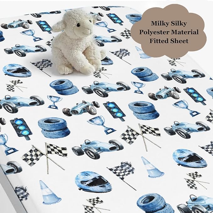 Cute Race Car Flag Baby Crib Sheets for Boy Girl 28x52 Inch Breathable Blue Races Vehicle Trophy Traffic Light Vehicles Fitted Crib Mattress Cover for Standard Crib and Toddler Mattress Car One Size
