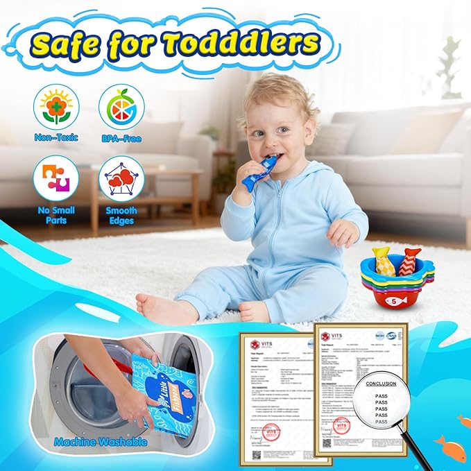 Montessori Toys for 1 Year Old Boy Girl Birthday Gift- Cloth Fishing Game for Toddler1-3 for Grandkids with Stacking Cups Learning Educational Toys Baby Toys 12-18 Months