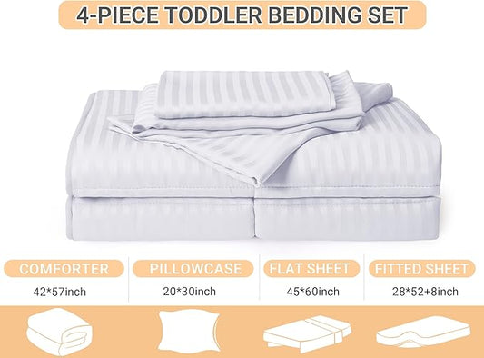 ZPECC Toddler Bedding Set - 4 Piece Hypoallergenic Baby Crib Bedding Set for Boys and Girls, Includes Toddler Comforter, Flat Sheet, Fitted Sheet and Pillowcase, White Stripe